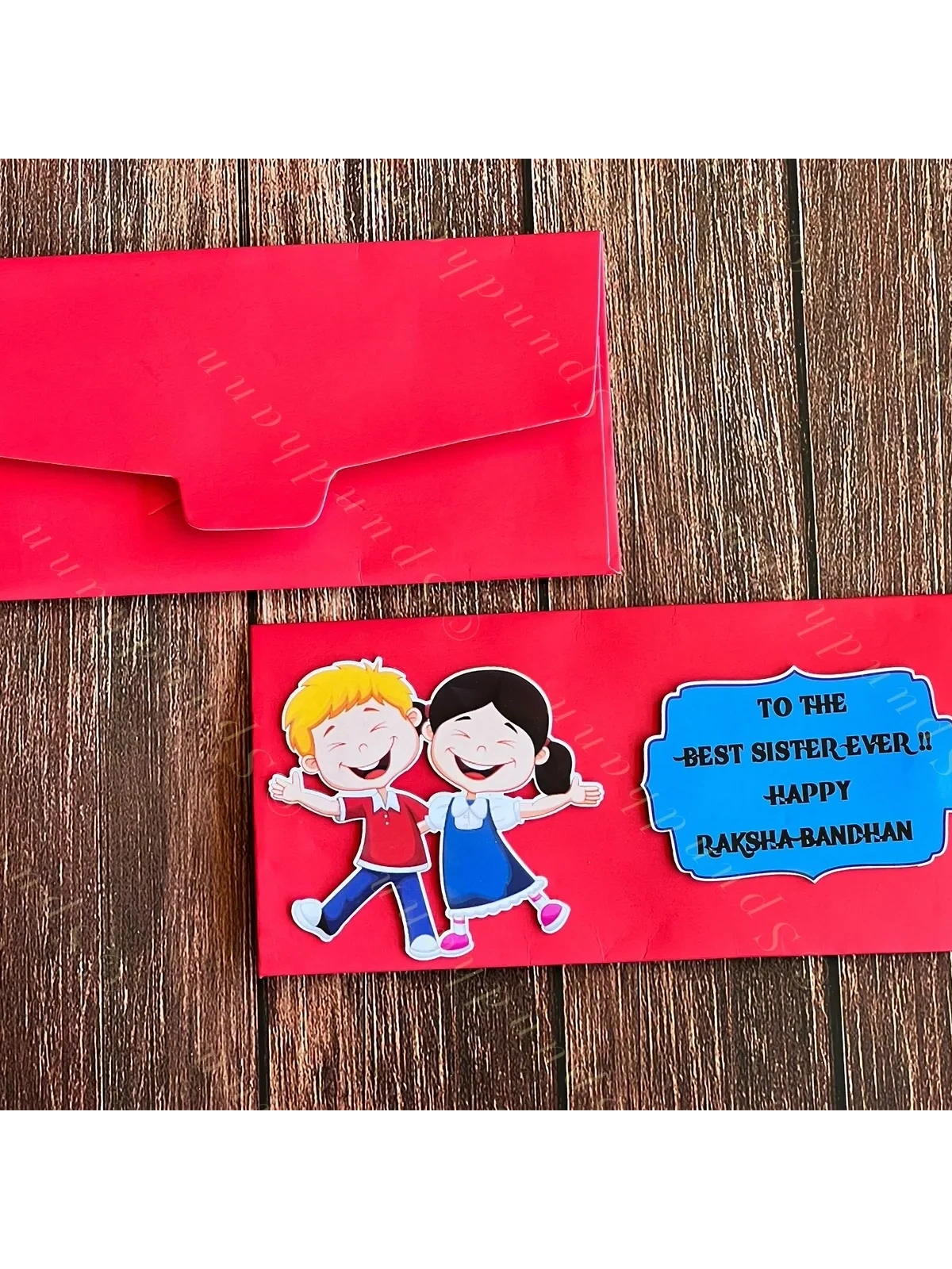 Rakhi Envelope in Red Color with Dancing Siblings