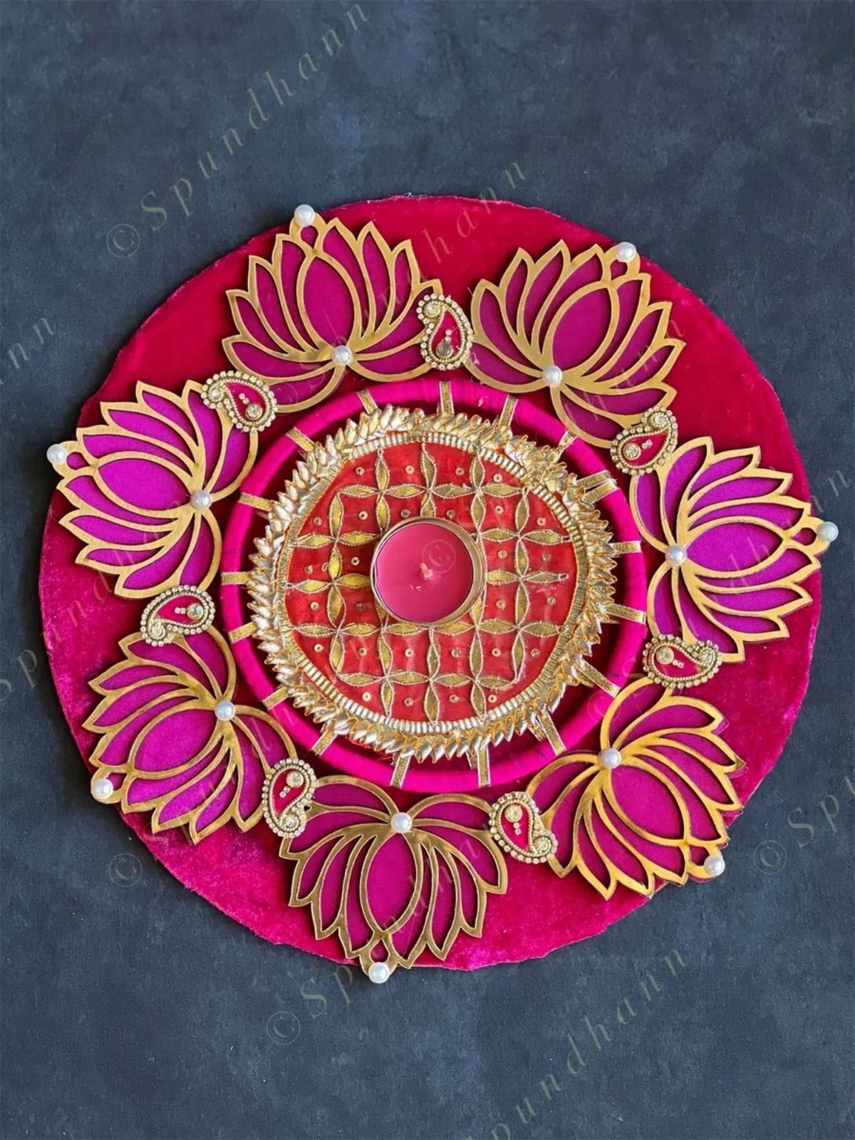 Pink Lotus with Pearls & Gota Decorative Tea Light Holder