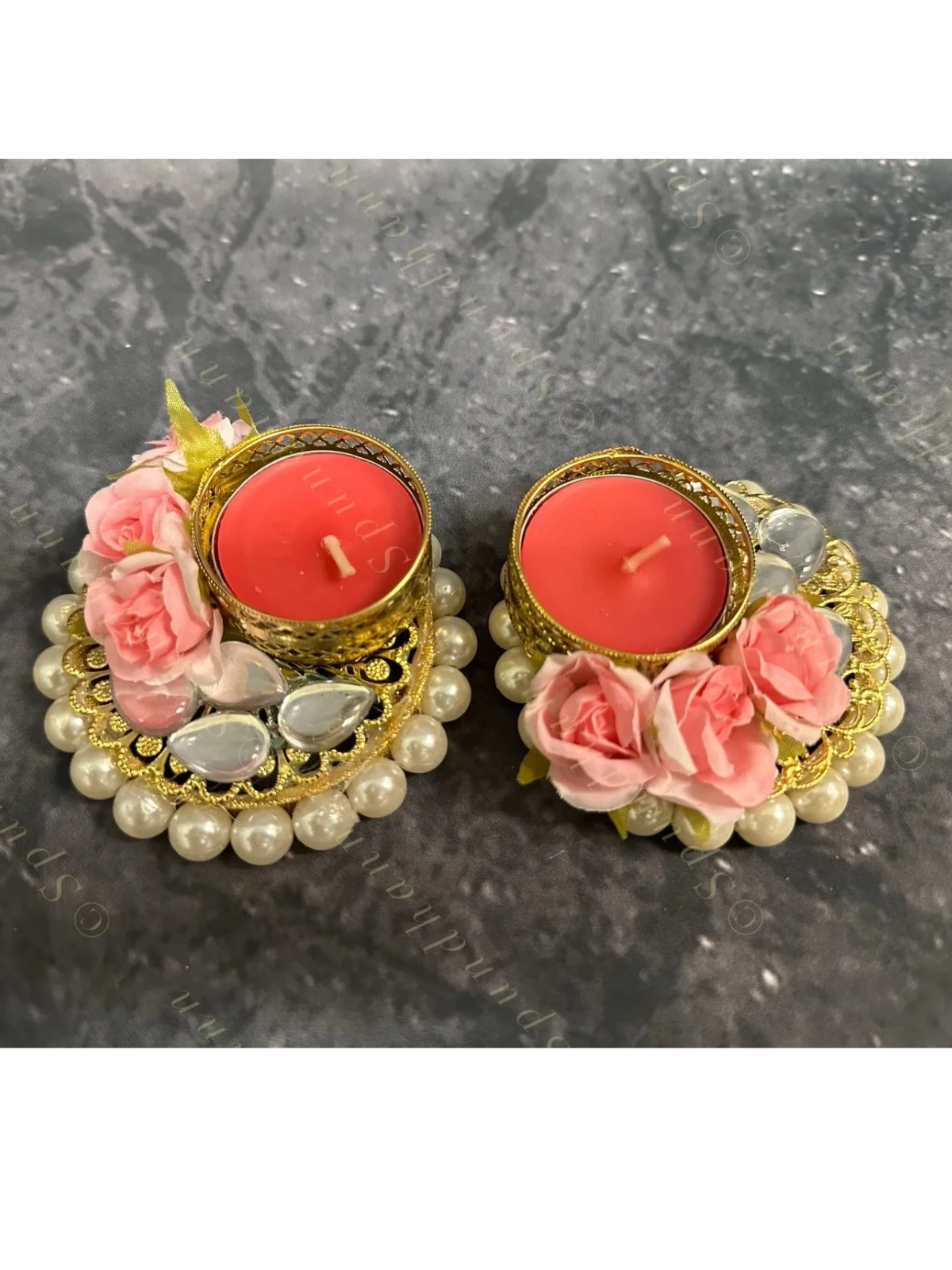 Pink Rose With Pearls Decored Tea Light Holder - One