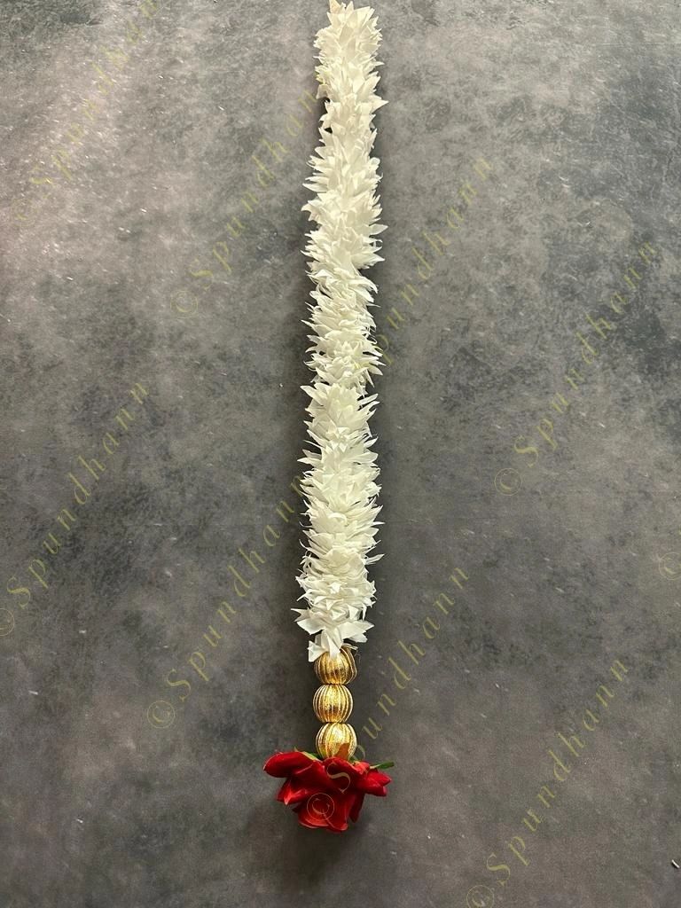 White Chameli Dangler With One Rose and Gota Beads Tassel