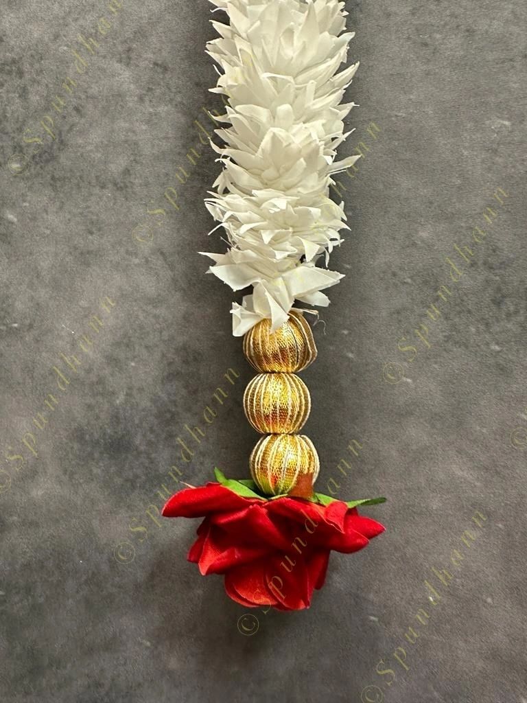White Chameli Dangler With One Rose and Gota Beads Tassel