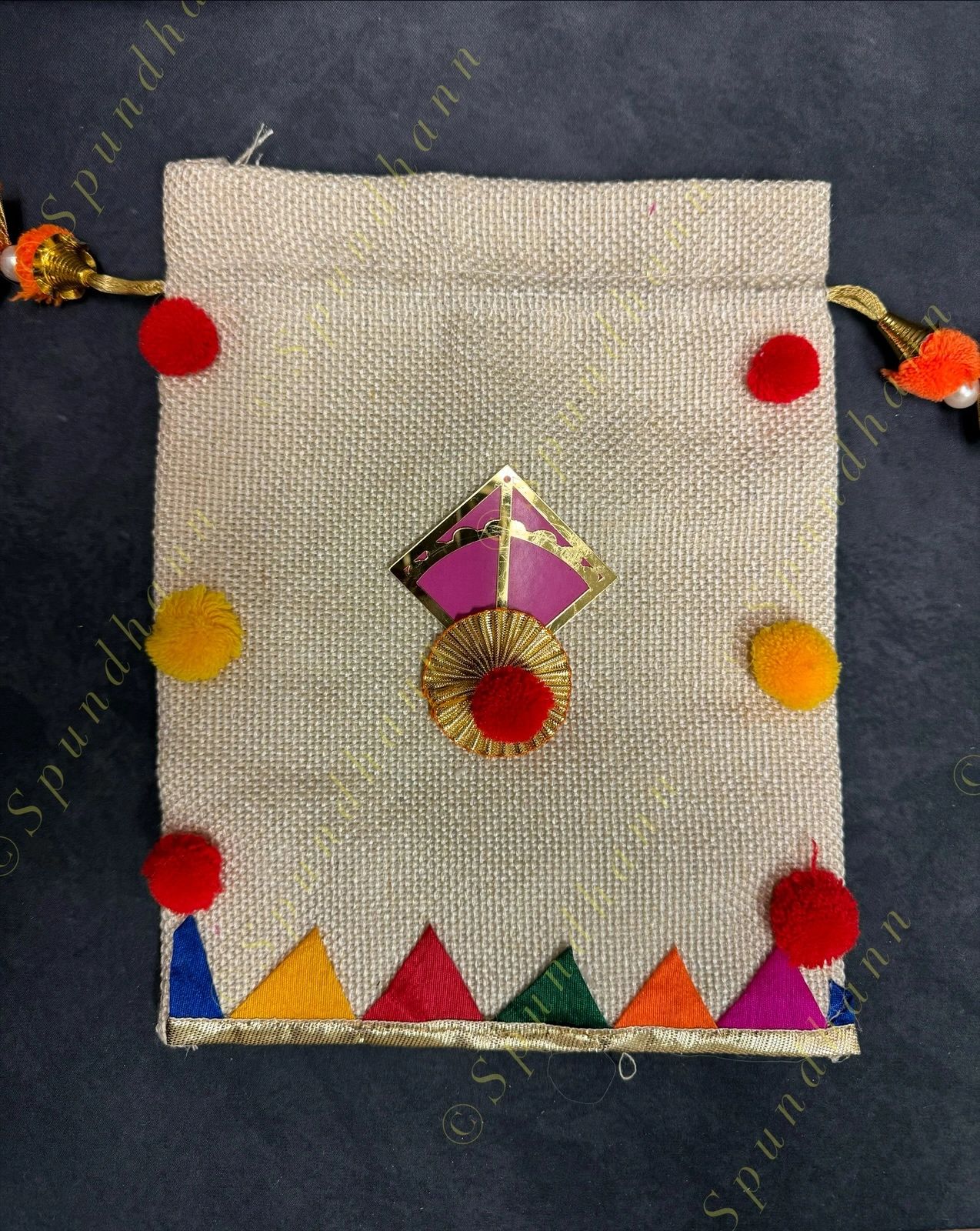 Jute Potli with pom pom and Kite with lining