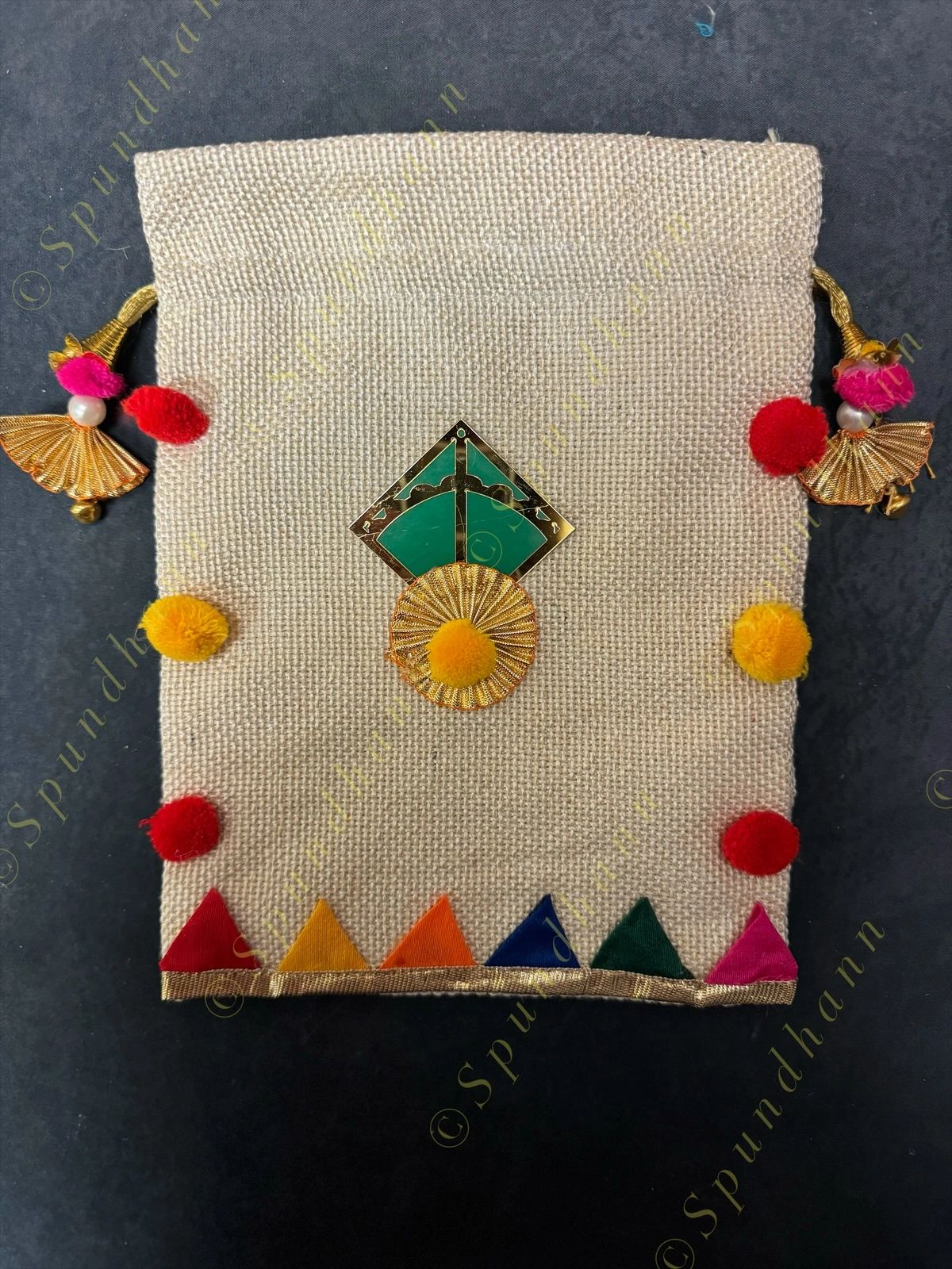 Jute Potli with pom pom and Kite with lining
