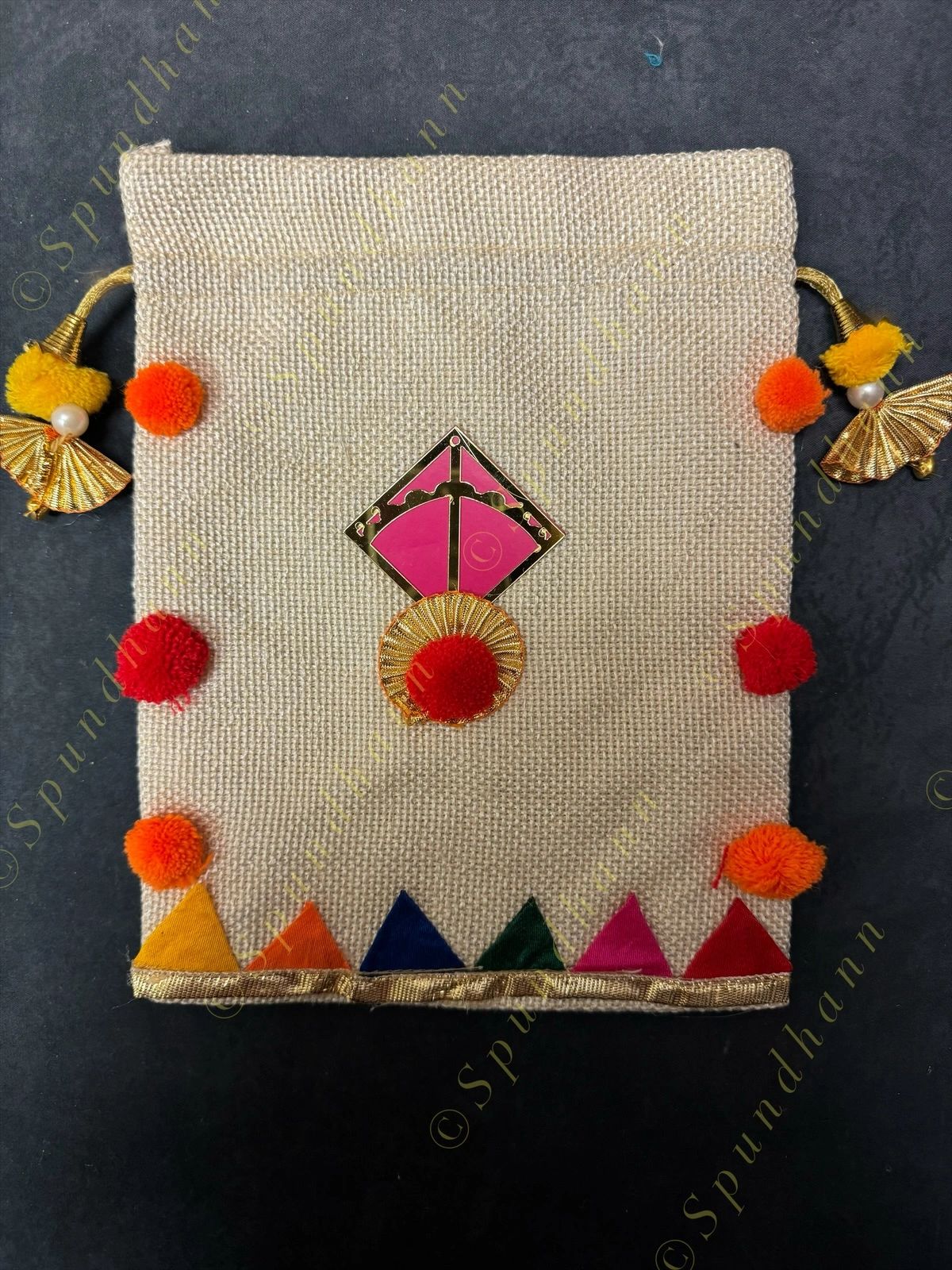 Jute Potli with pom pom and Kite with lining