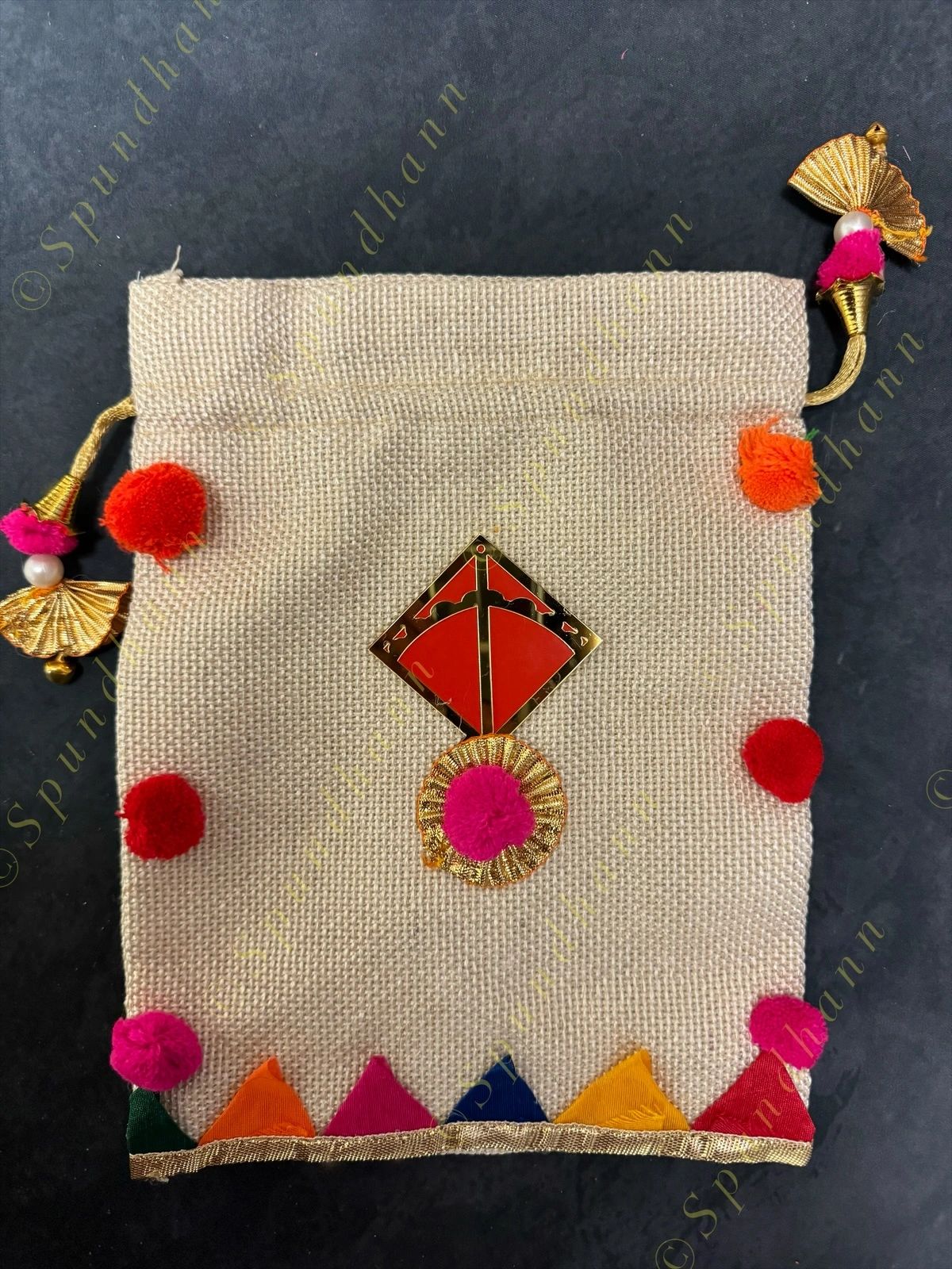 Jute Potli with pom pom and Kite with lining