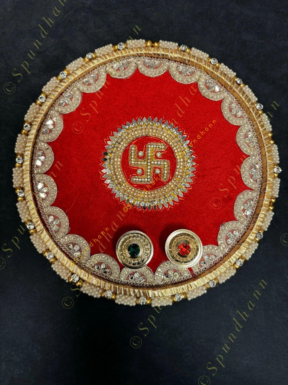 Scarlet Velvet Plate with Pearl, Stone, and Floral Gota-Patti Edge