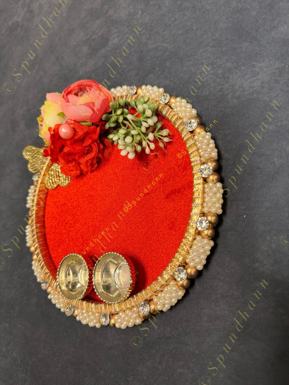 Scarlet Velvet Plate with Pearl, Stone, and Floral Gota-Patti Edge