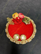 Scarlet Velvet Plate with Pearl, Stone, and Floral Gota-Patti Edge