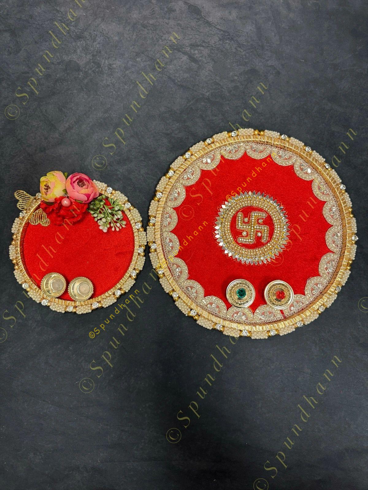 Scarlet Velvet Plate with Pearl, Stone, and Floral Gota-Patti Edge