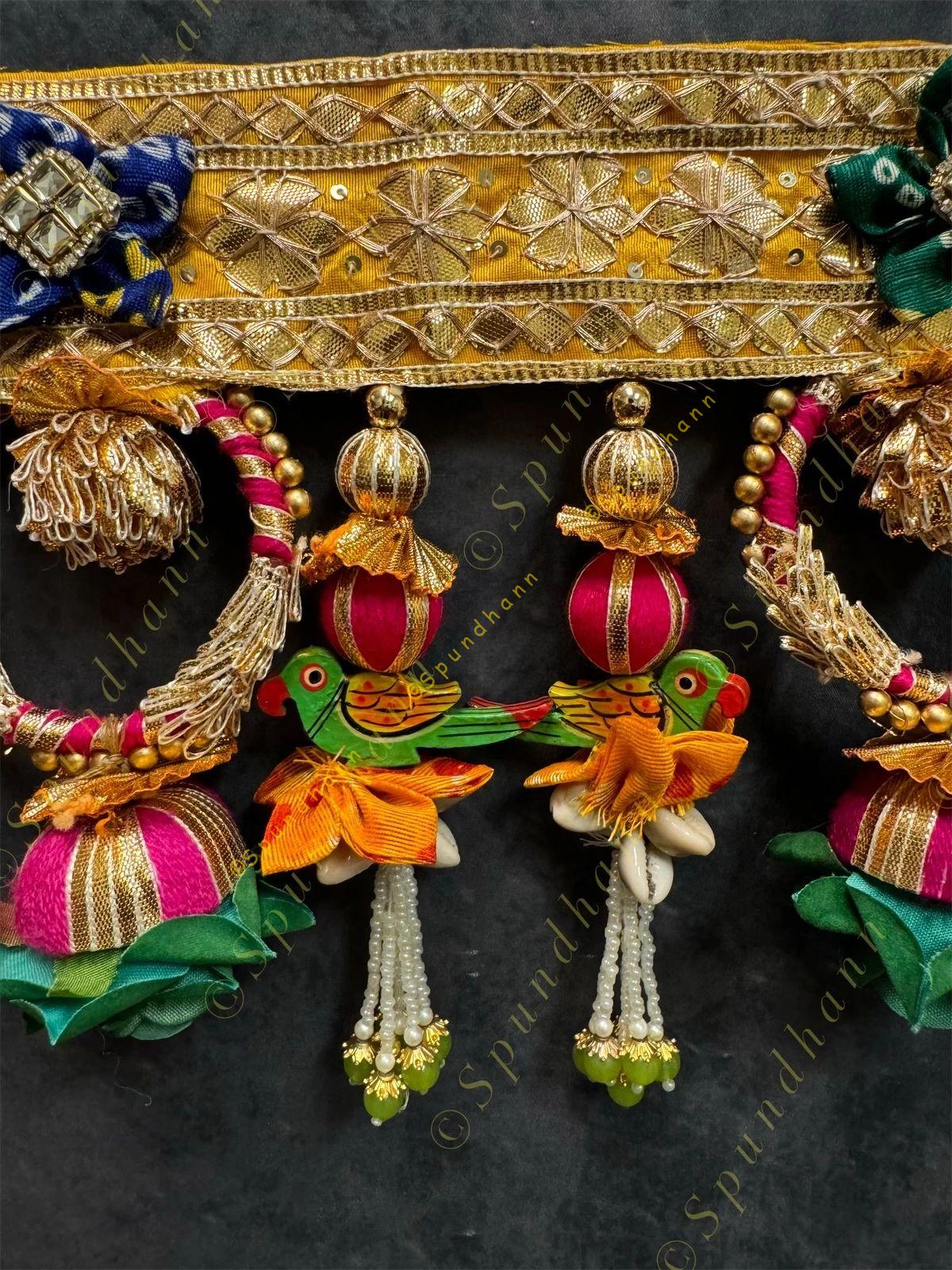Gotapatti Border with Hanging Parrot and Rota Rings Green Rose Toran