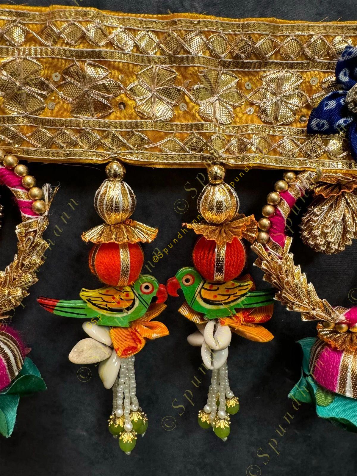 Gotapatti Border with Hanging Parrot and Rota Rings Green Rose Toran