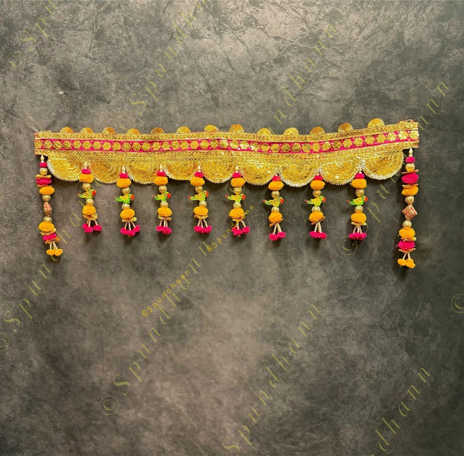 Broad Gotapatti Border with Hanging Parrot and Pom Pom Toran