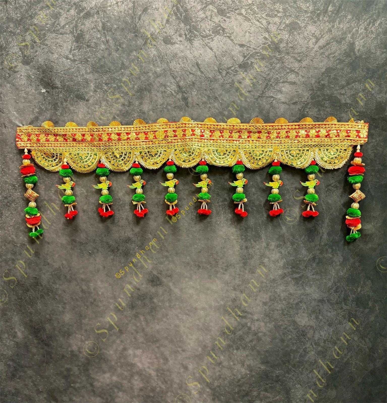 Broad Gotapatti Border with Hanging Parrot and Pom Pom Toran