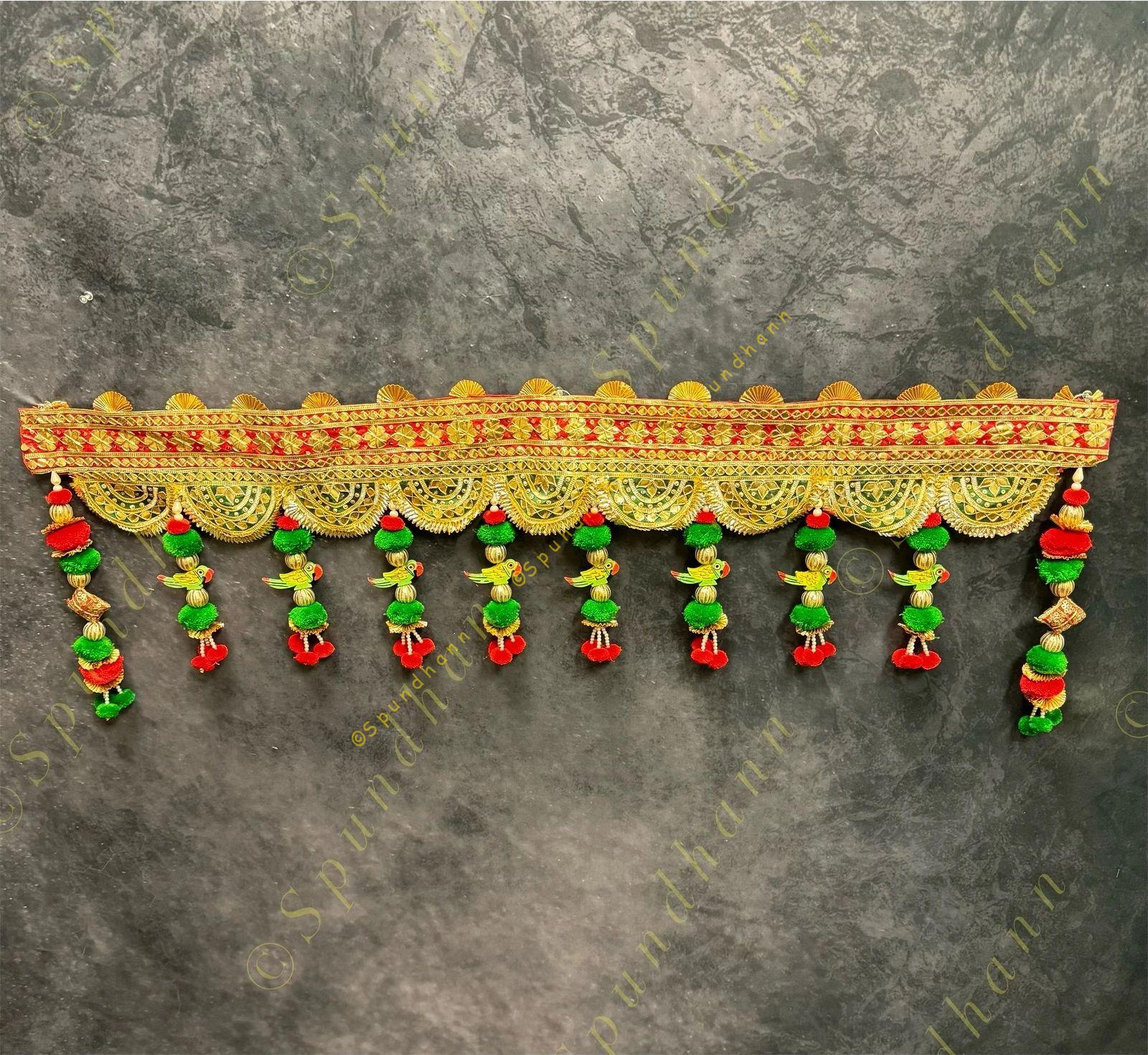 Broad Gotapatti Border with Hanging Parrot and Pom Pom Toran
