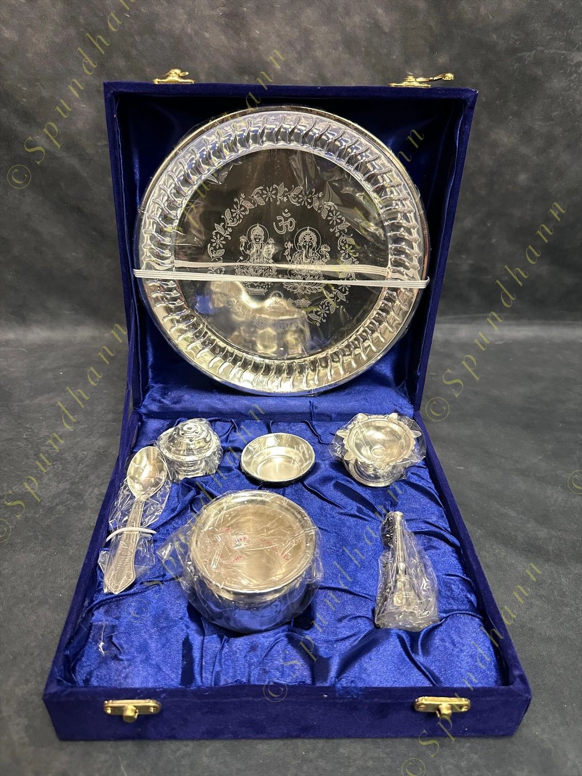 Silver Color Puja Aarti Platter / Plate or Thali Set with Box