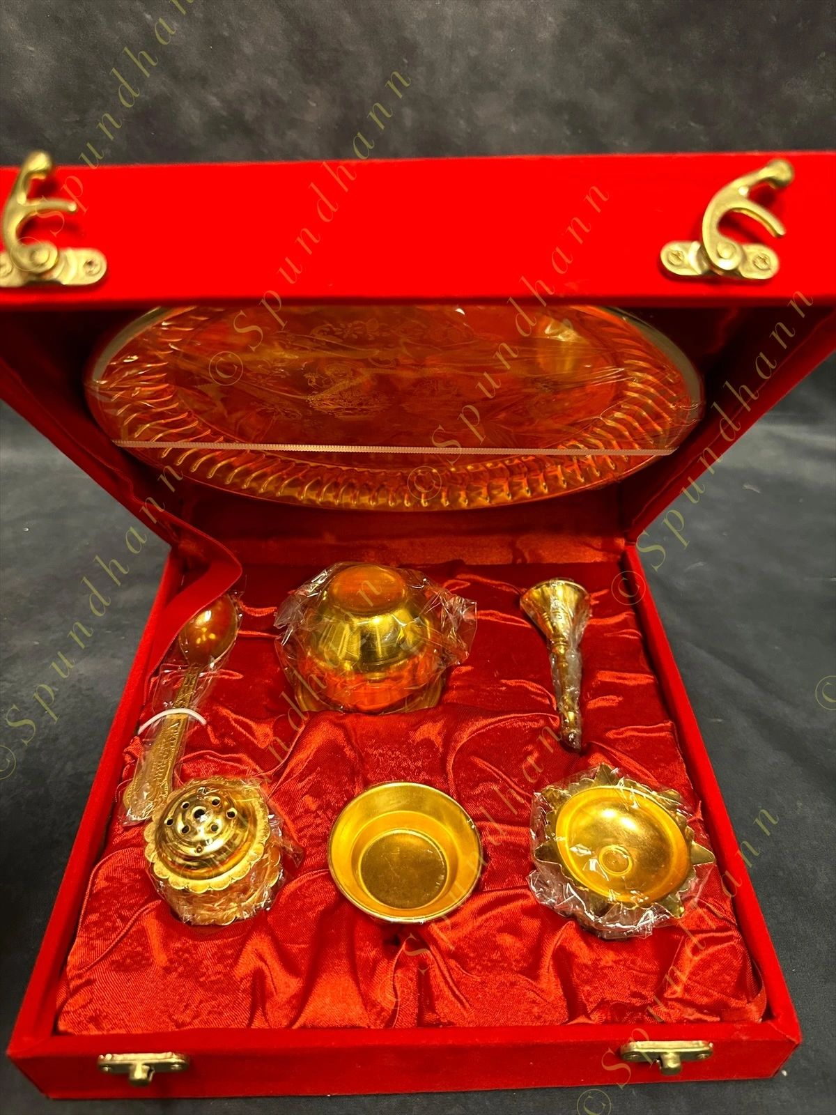 Gold Color Puja Aarti Platter / Plate or Thali Set with Box