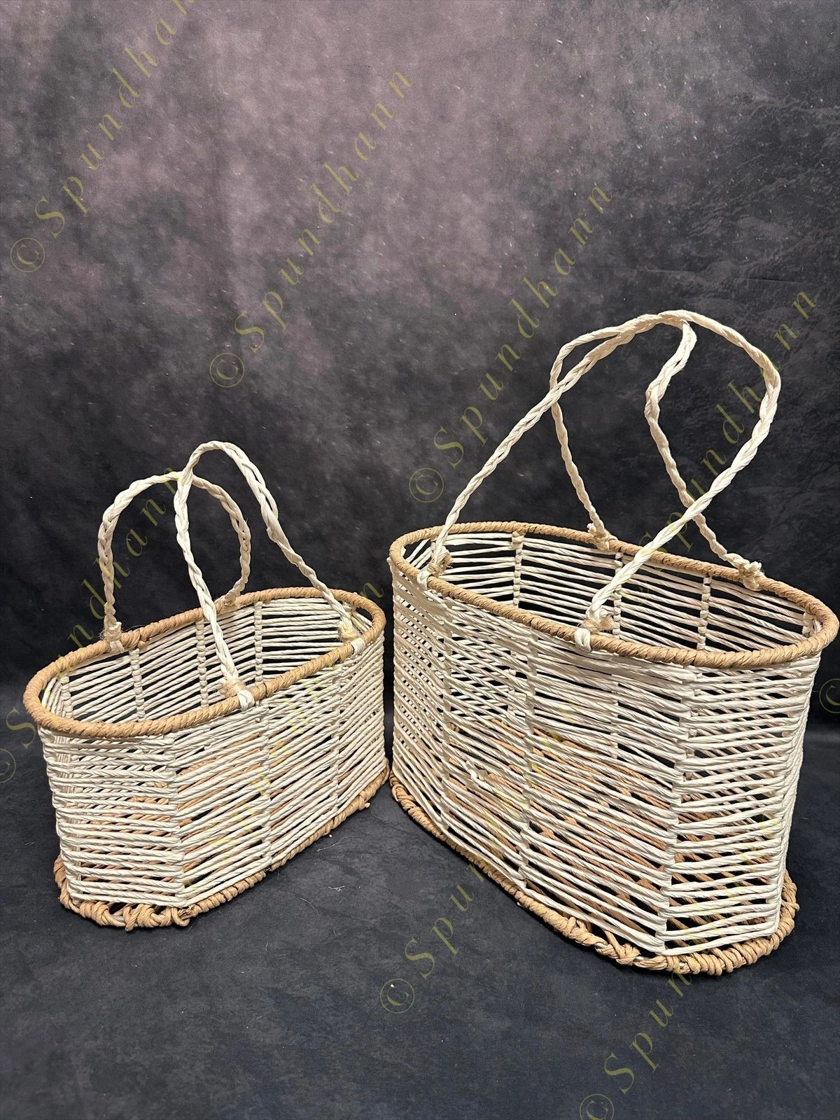 White rope and Coir Magazine Stand and Basket (Set of 2)