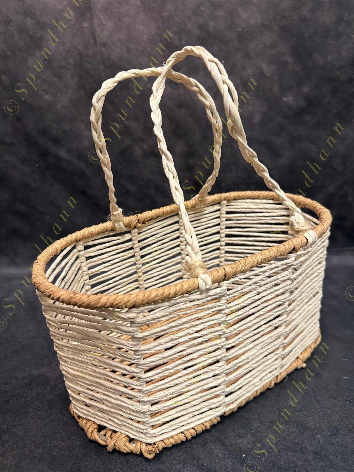 White rope and Coir Magazine Stand and Basket (Set of 2)