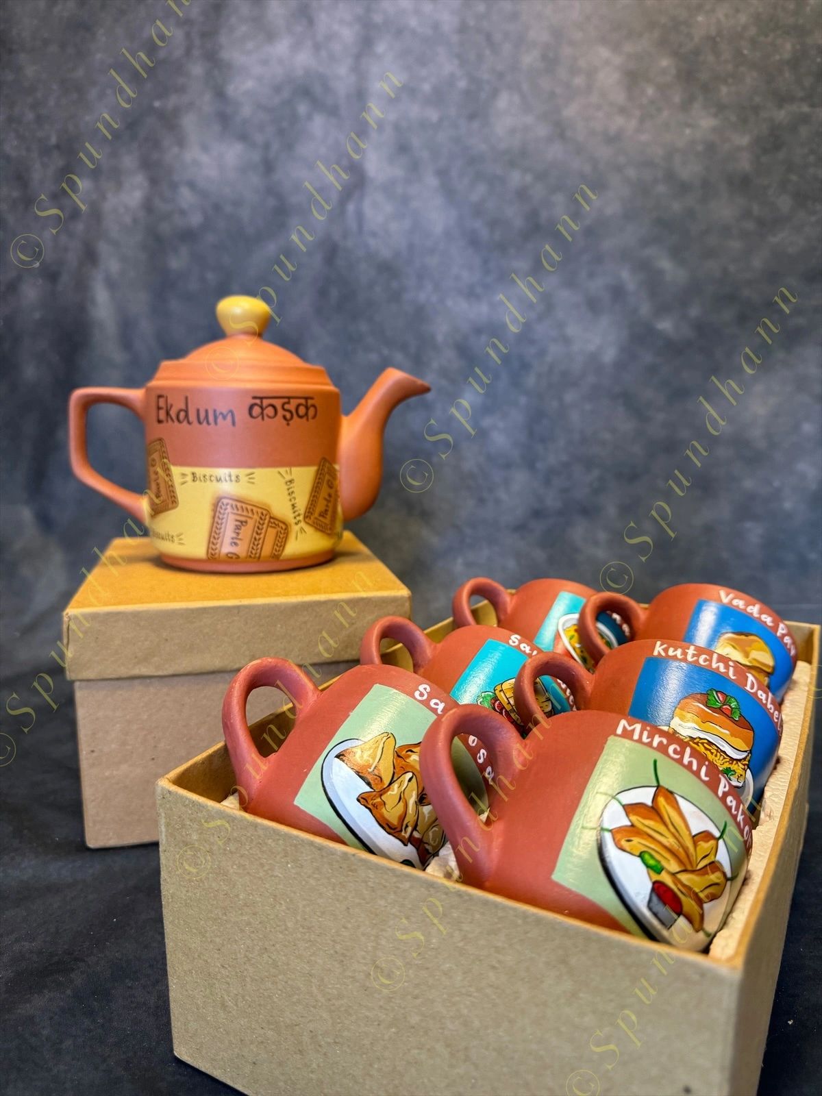 Earthern Chai Tea Cups set on 6 plus 1 kettle