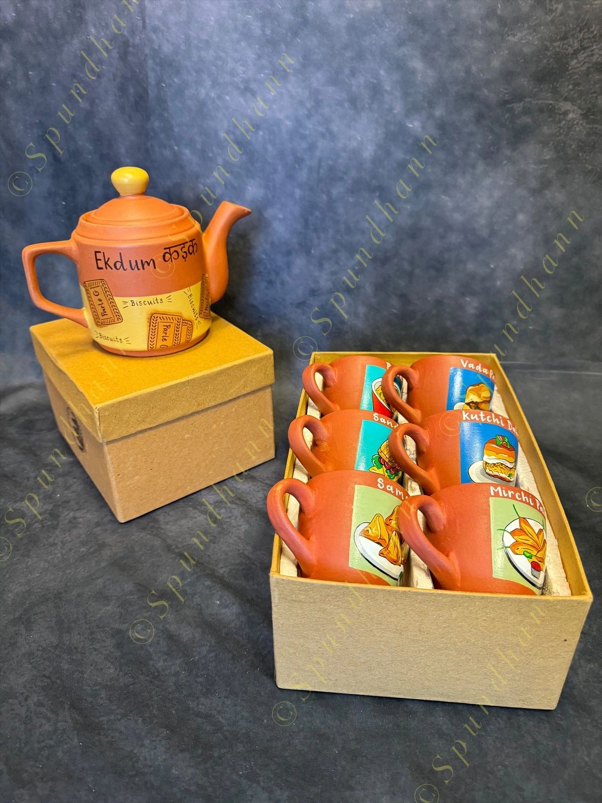 Earthern Chai Tea Cups set on 6 plus 1 kettle