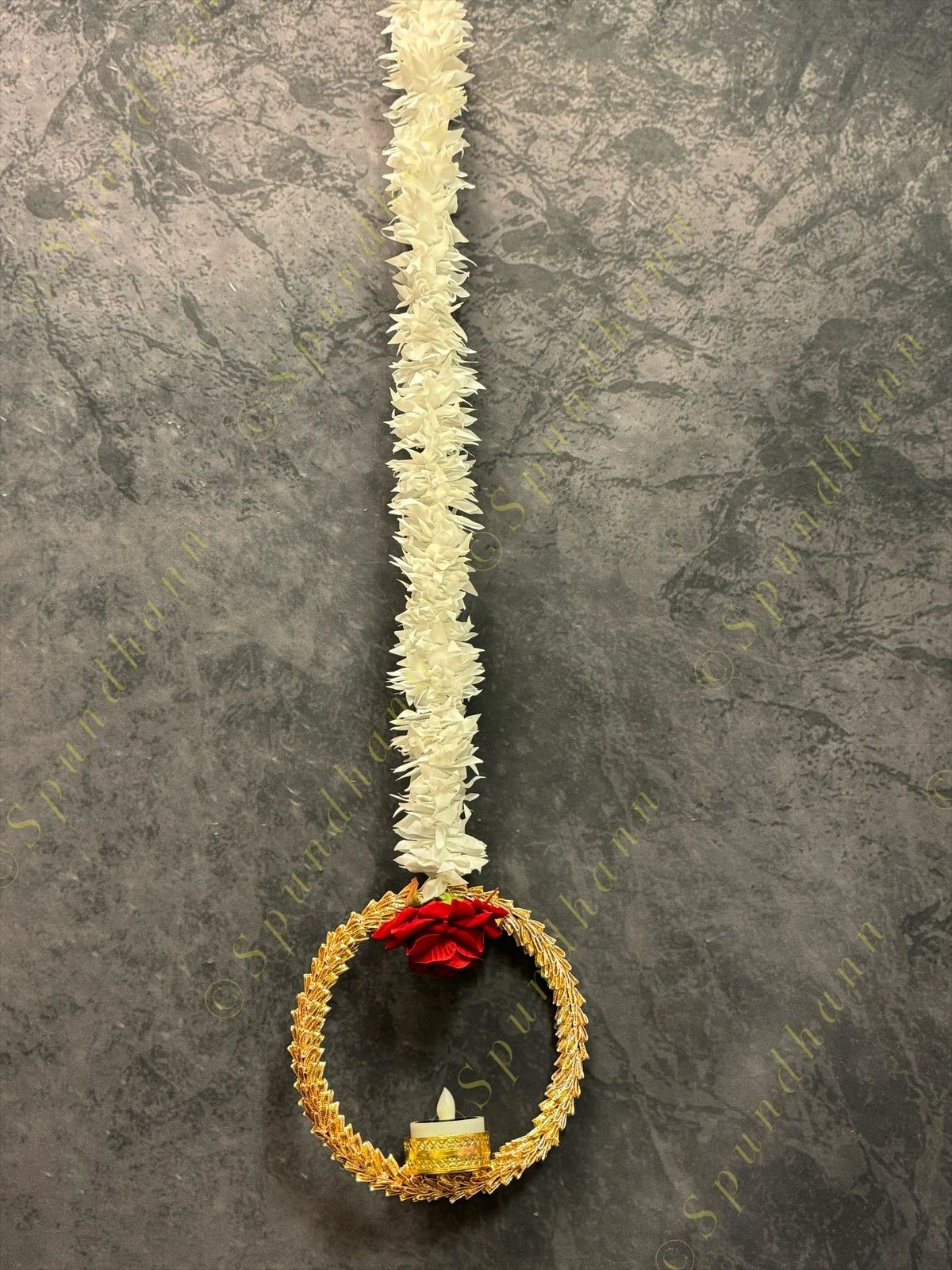 White Chameli Dangler With Rose and Gold Disc Tea Light Holder