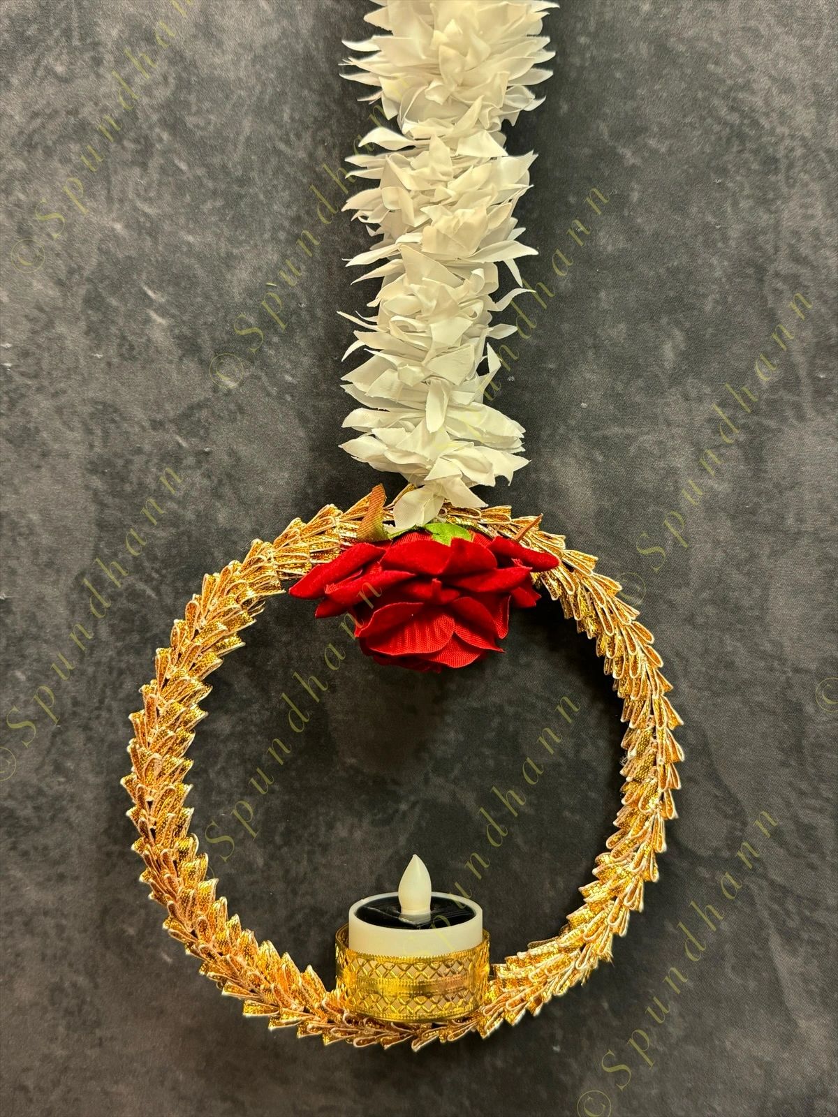 White Chameli Dangler With Rose and Gold Disc Tea Light Holder