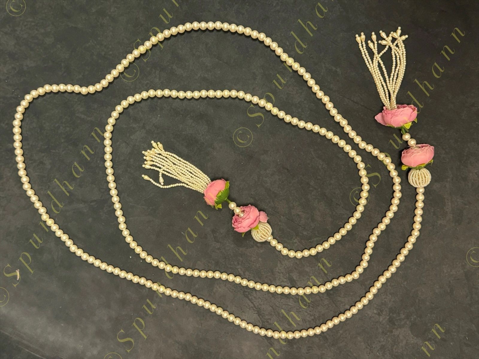 Pearl string with Pink Rose Bud Pair