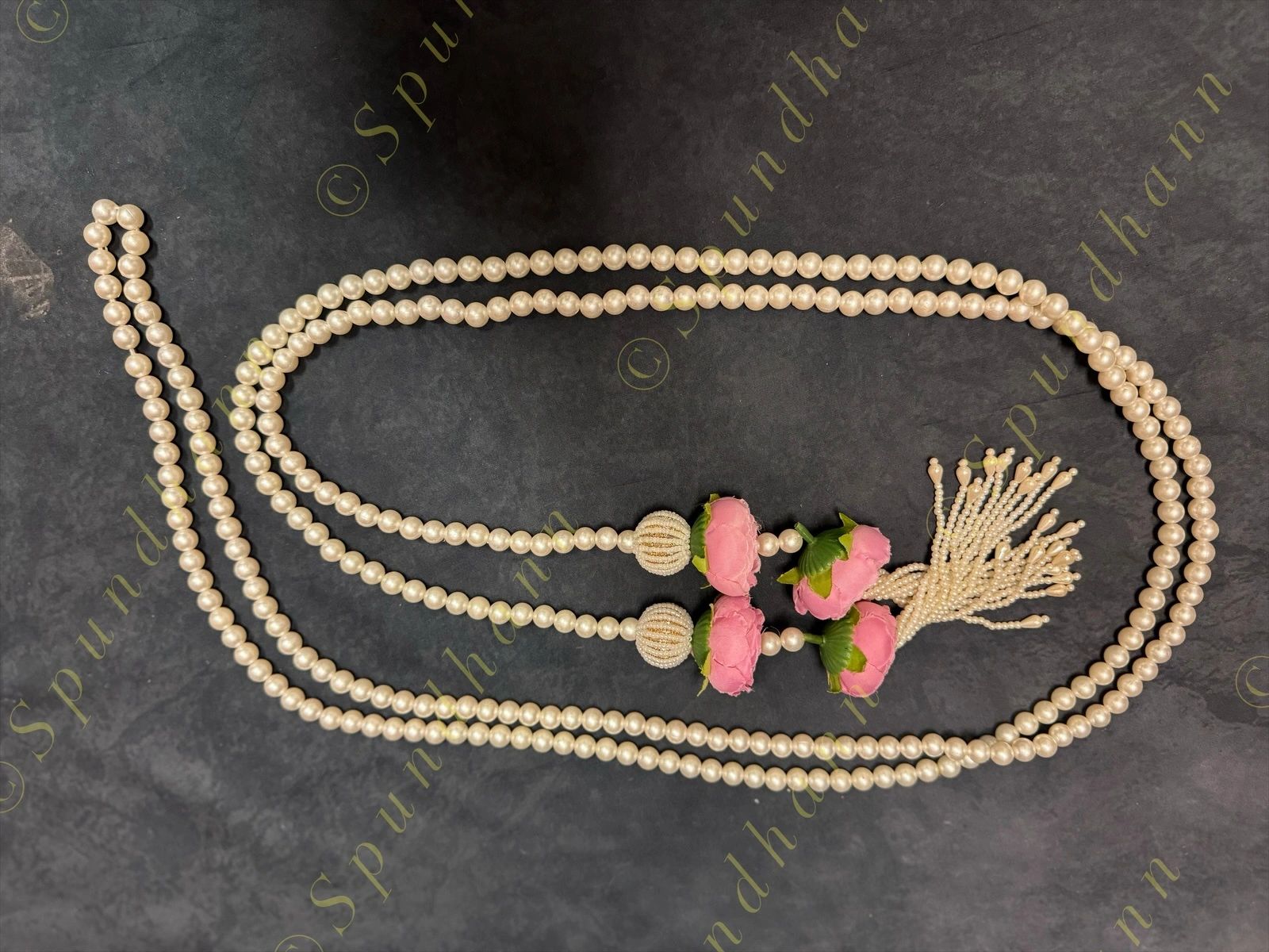 Pearl string with Pink Rose Bud Pair