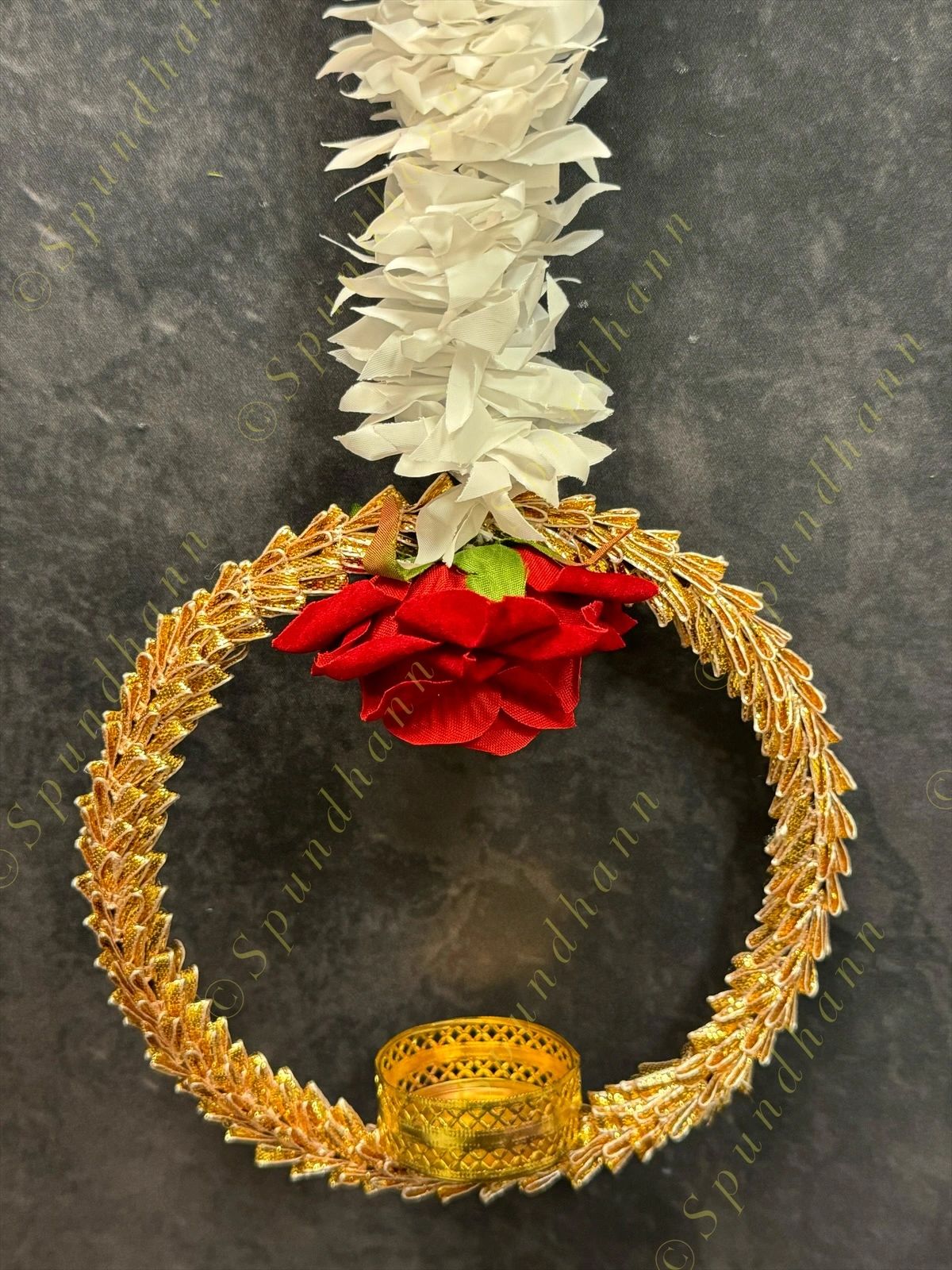 White Chameli Dangler With Rose and Gold Disc Tea Light Holder