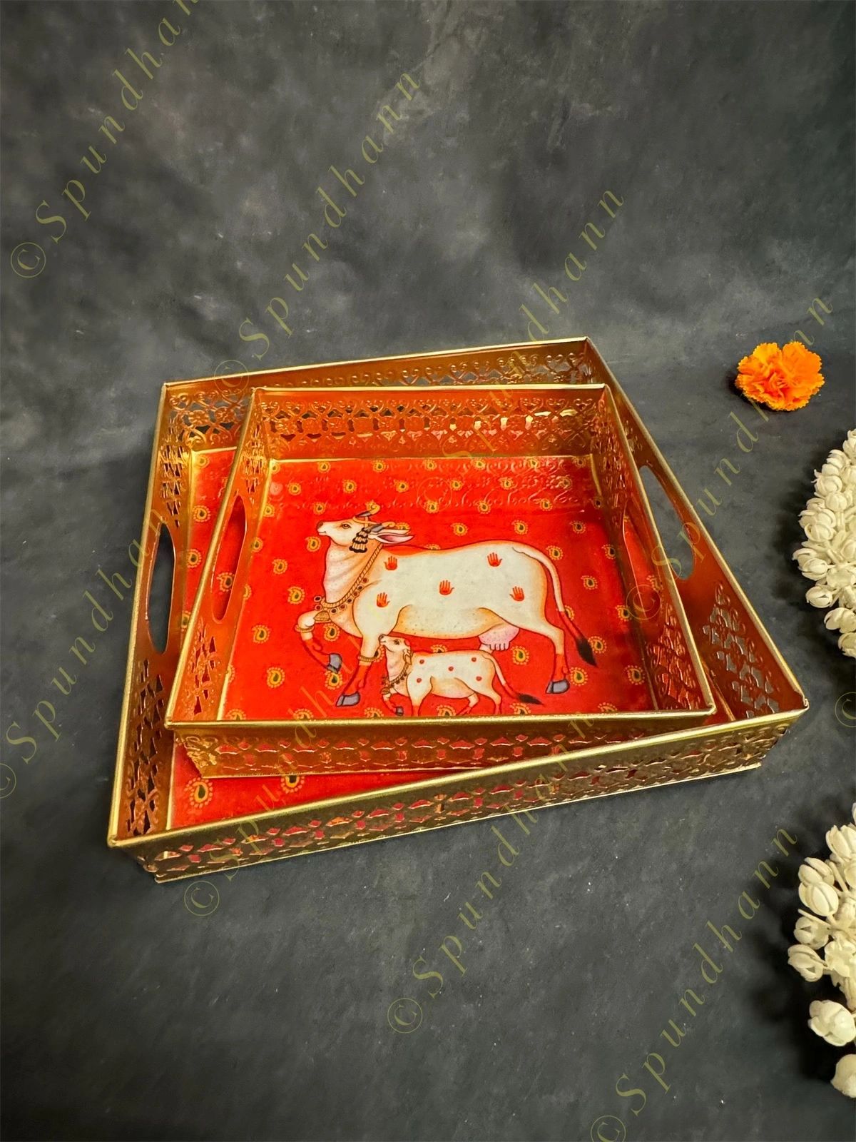 Traditional Golden Tray With Pichwai Art Picture Set of 2