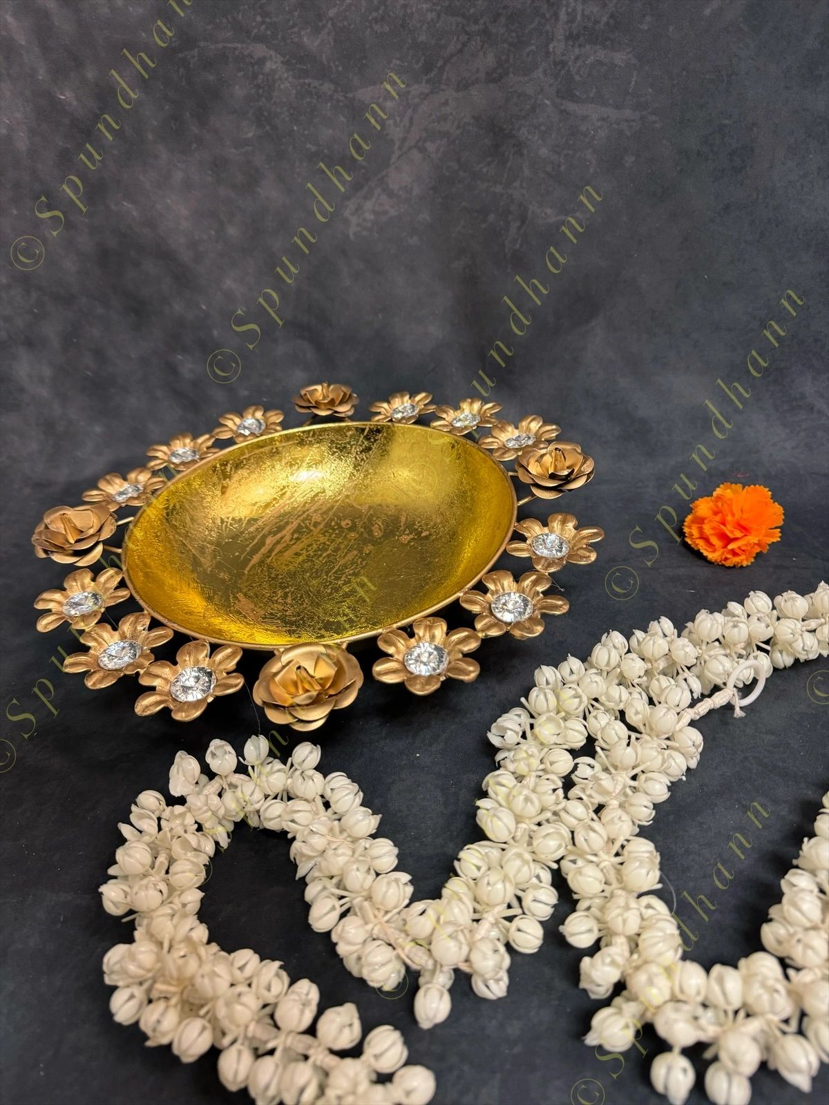 Glitter Golden Rose and Flower Metal Urli With Stone