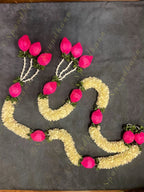 White flower, Rajnigandha & Pink Shola Wood Bud Dangler String - Pair