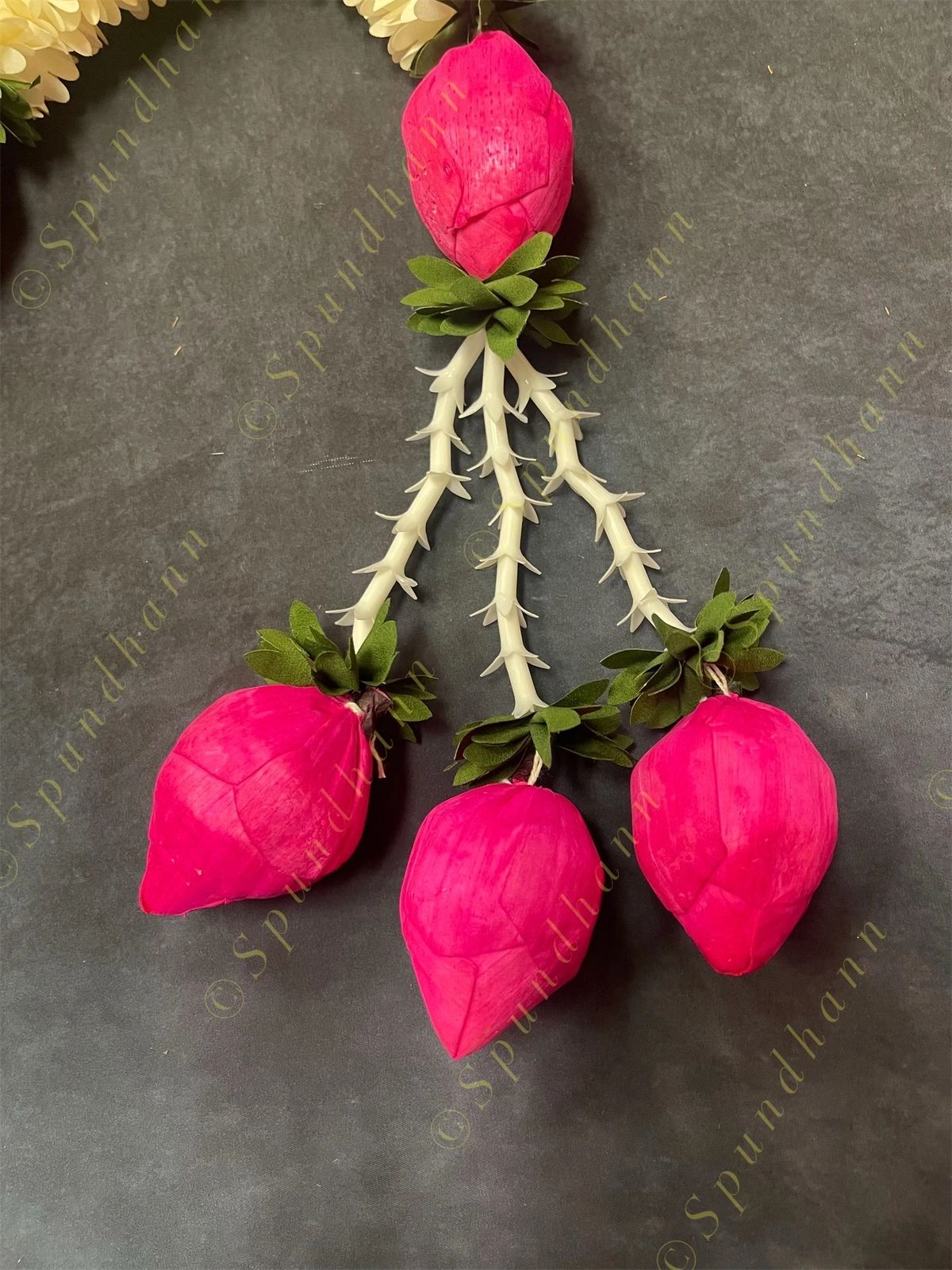 White flower, Rajnigandha & Pink Shola Wood Bud Dangler String - Pair