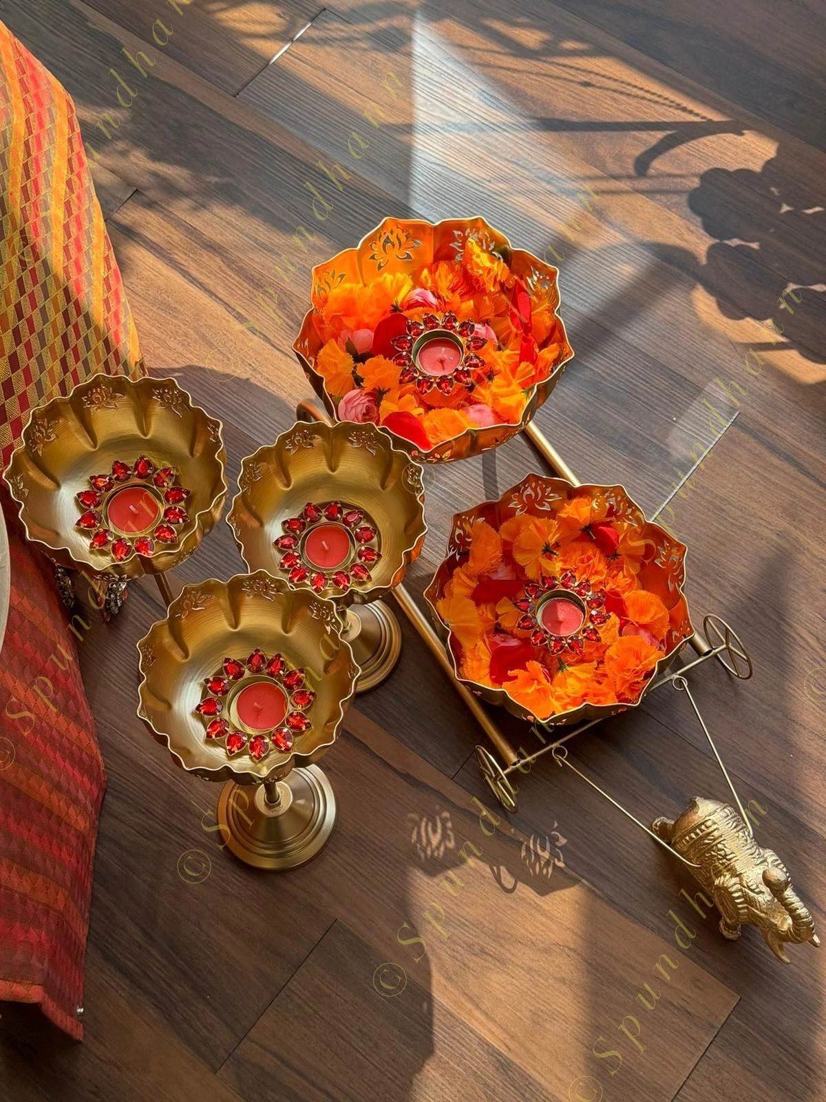 Elephant Chariot with Cutwork Urli and Standing cutwork Urli Set of 3