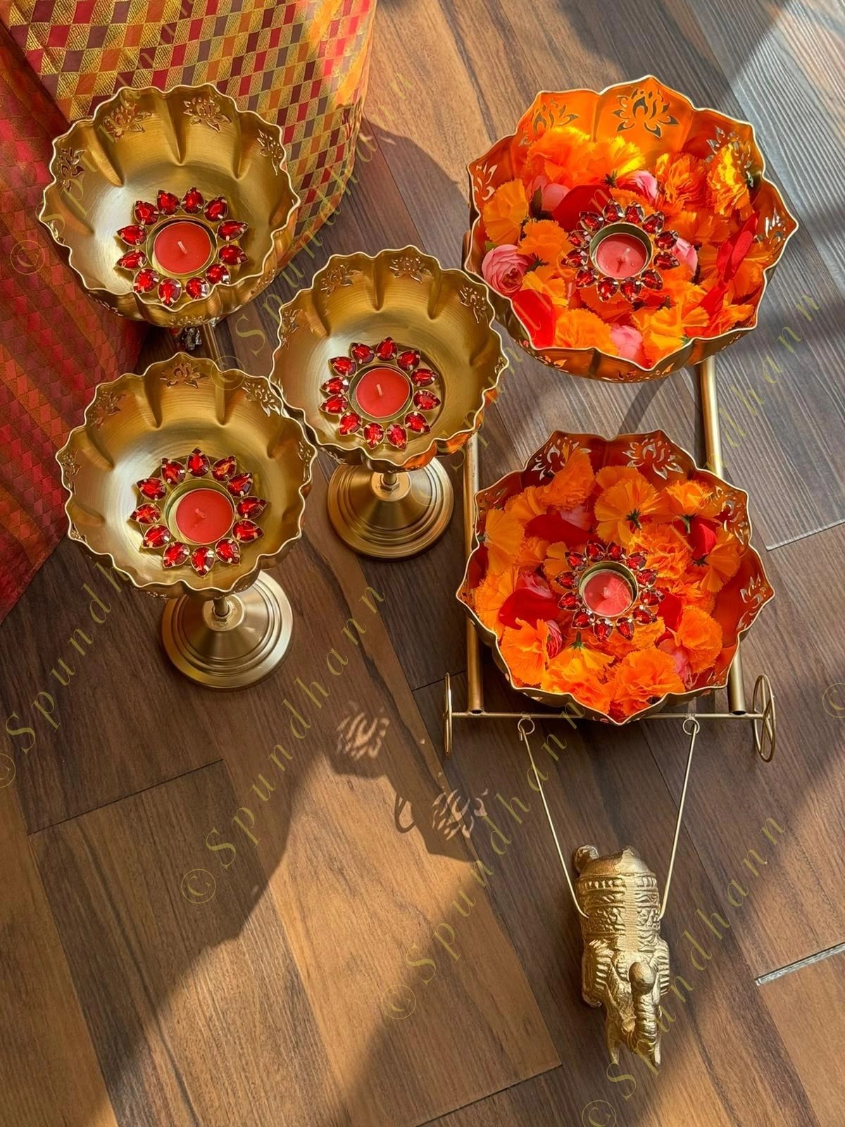 Elephant Chariot with Cutwork Urli and Standing cutwork Urli Set of 3