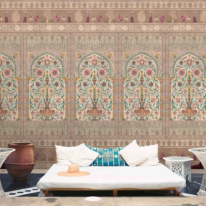Life n Colors: 'Gitanjali' - Retro Indian Floral Art Premium Wallpaper