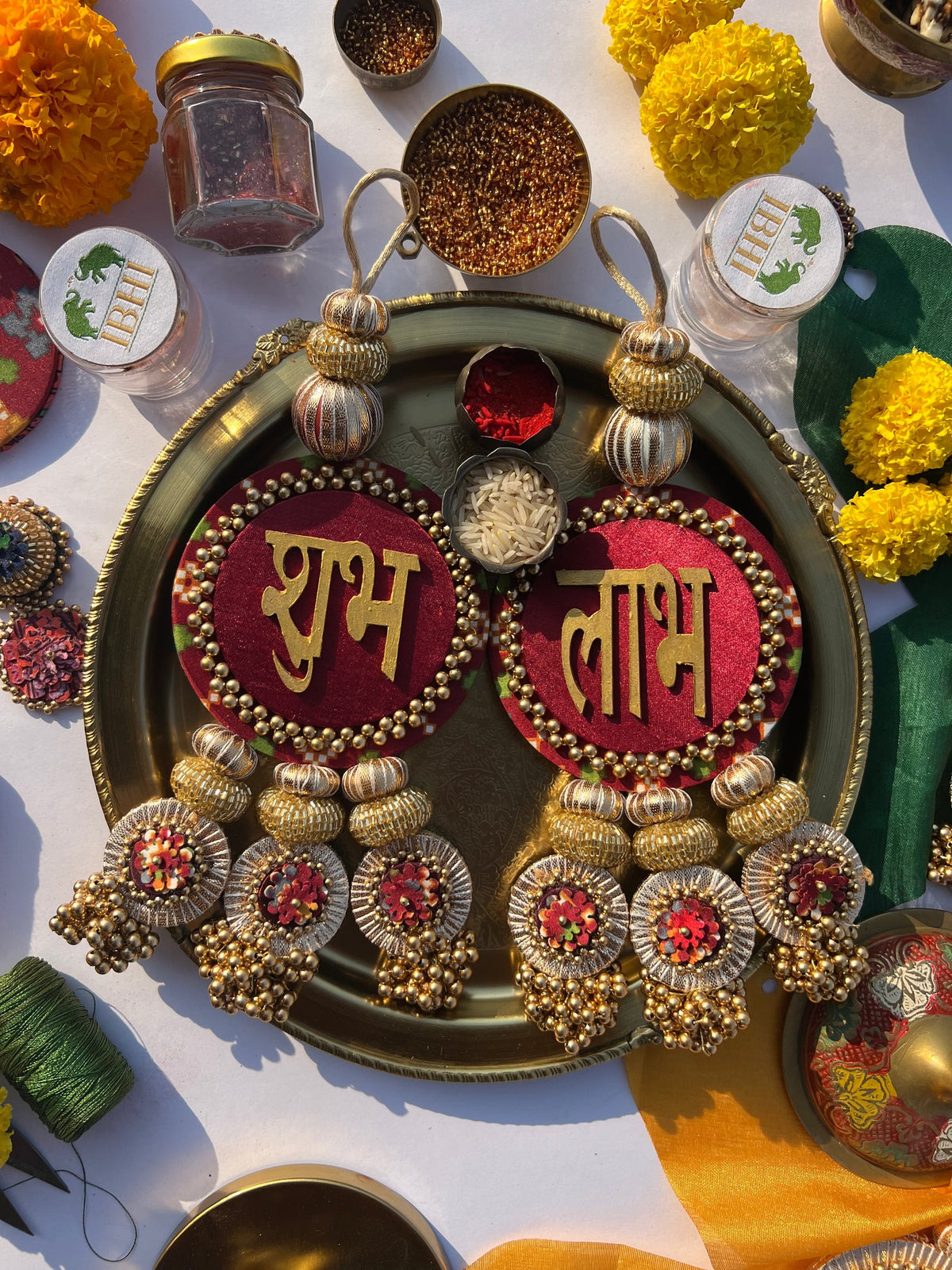 Shubh Labh hanging pair, maroon, top view