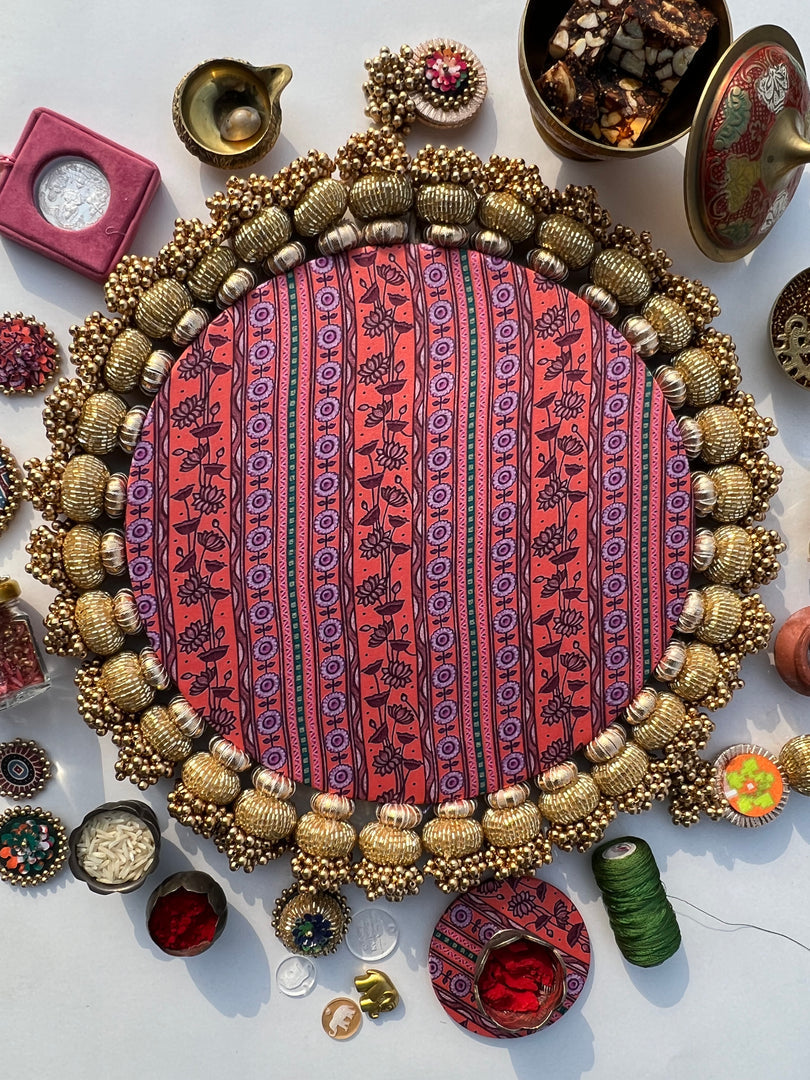 Ek Onkar Motif Micro Platter + Hanging: Lemon Yellow + Vermillion Congruous Divine Pichwai