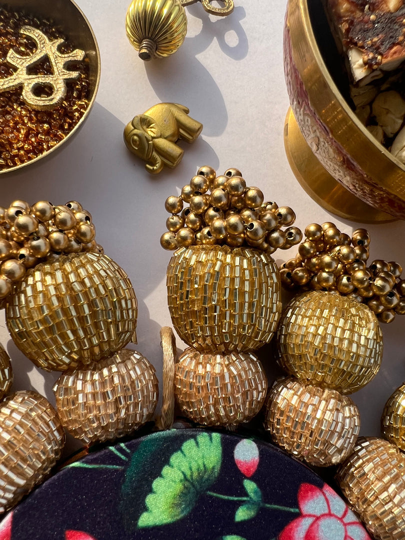 Spherical Chaandbali OG Inflorescence Divine Pichwai and Maroon Navratna Patola Diya Platter