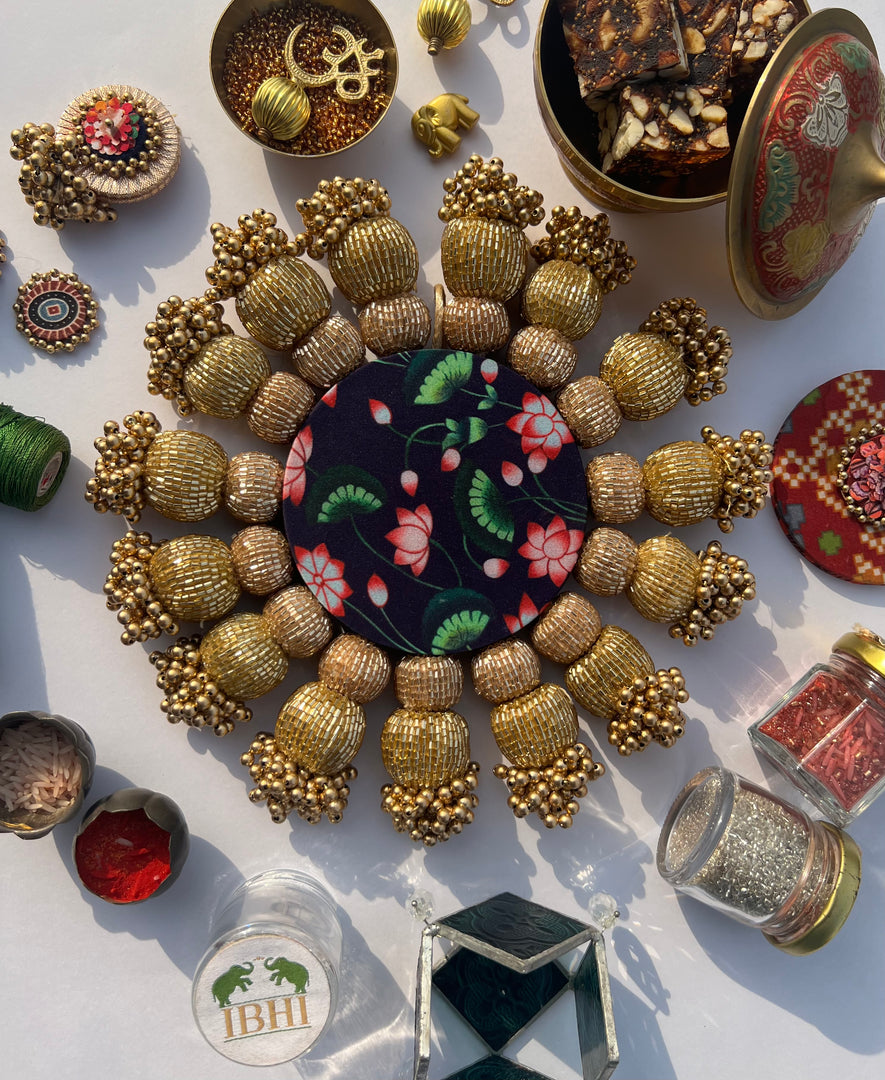 Spherical Chaandbali OG Inflorescence Divine Pichwai and Maroon Navratna Patola Diya Platter