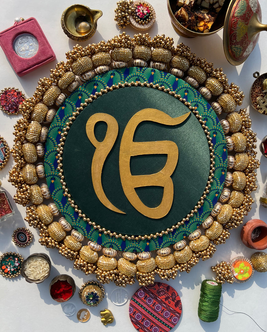 Ek Onkar Motif Micro Platter + Hanging: Lemon Yellow + Vermillion Congruous Divine Pichwai