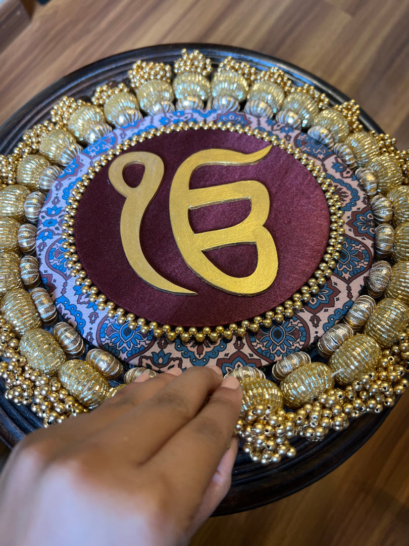 Ek Onkar Motif Micro Platter + Hanging: Lemon Yellow + Vermillion Congruous Divine Pichwai