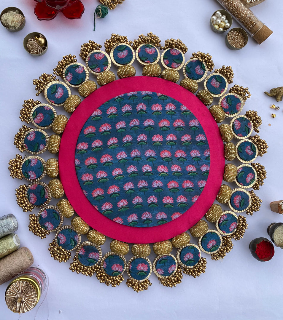 Navy lotus beaded medallion platter with pink rim
