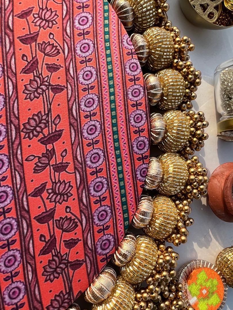 Ek Onkar Motif Micro Platter + Hanging: Lemon Yellow + Vermillion Congruous Divine Pichwai