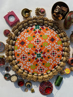 Ek Onkar Motif Micro Platter + Hanging: Lemon Yellow + Vermillion Congruous Divine Pichwai