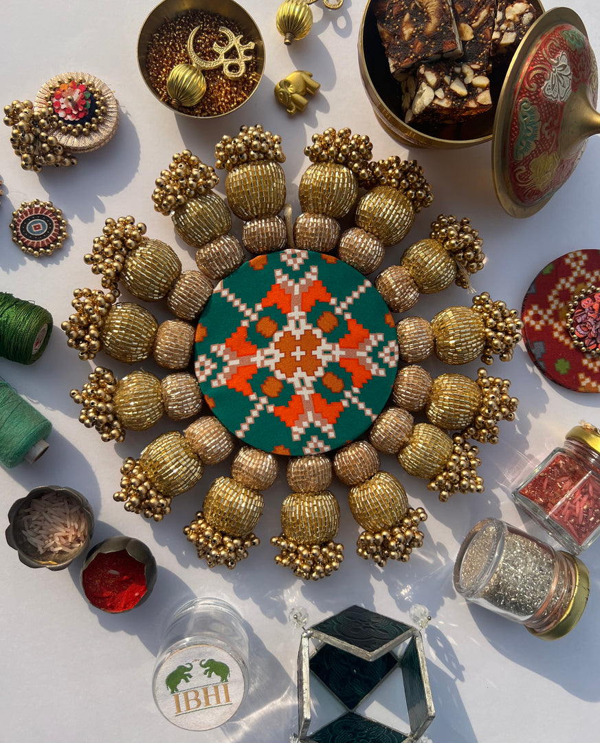 Spherical Chaandbali OG Inflorescence Divine Pichwai and Maroon Navratna Patola Diya Platter