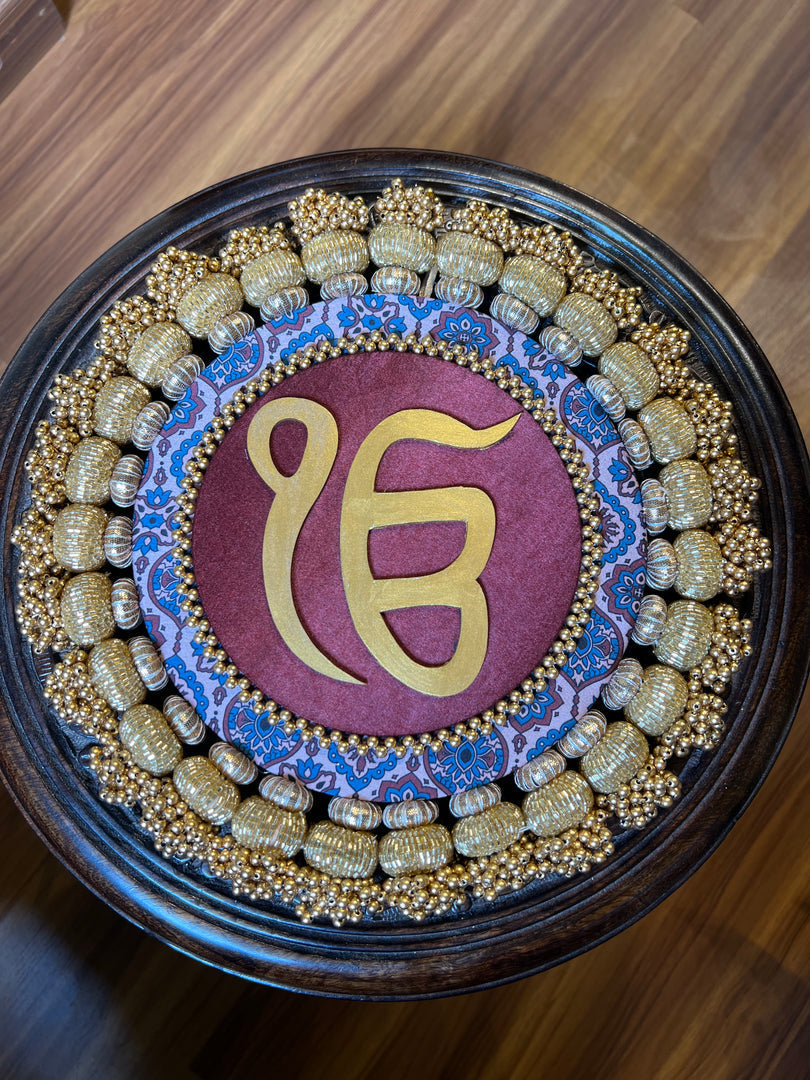 Ek Onkar Motif Micro Platter + Hanging: Lemon Yellow + Vermillion Congruous Divine Pichwai