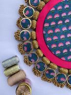 Ajrakh + Pastel Pistachio Inflorescence Divine Pichwai Glass Rhapsody Lumba Rangoli