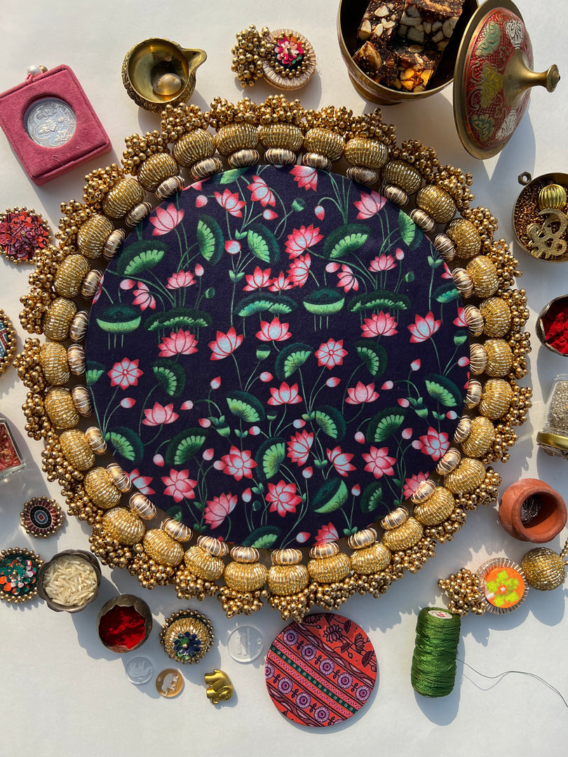 Ek Onkar Motif Micro Platter + Hanging: Lemon Yellow + Vermillion Congruous Divine Pichwai