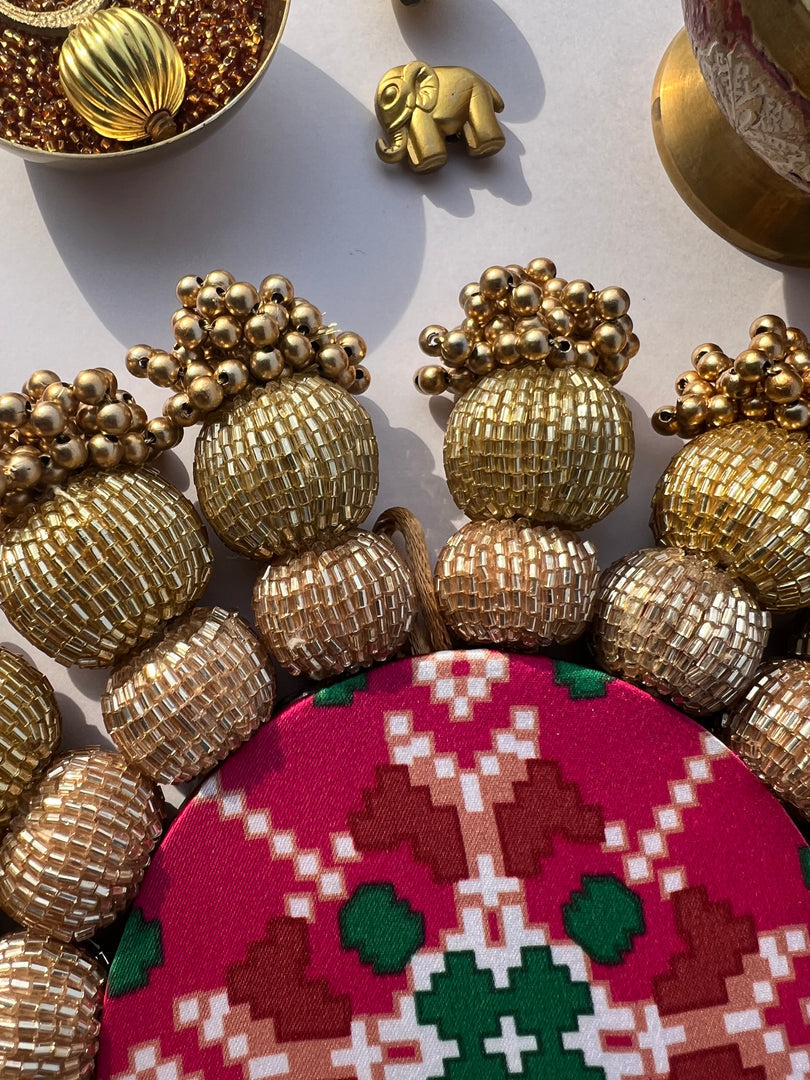 Spherical Chaandbali OG Inflorescence Divine Pichwai and Maroon Navratna Patola Diya Platter